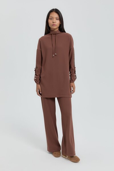 Nihan Kolları Taşlı Örme Pantolon Tunik Takım Kahve