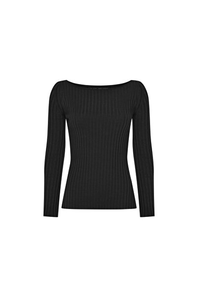 Beauty Omelette Siyah Kayık Yaka Ribli Triko Kazak