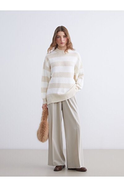 LC Waikiki XSIDE Bej guler rotund Pulover cu dungi supradimensionat pentru femei