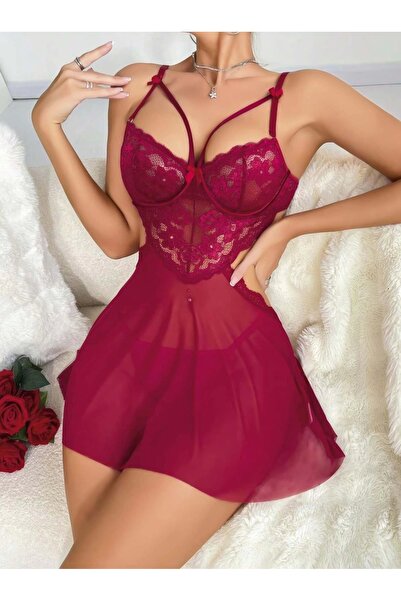Çamaşır Kenti Kadın Kırmızı Fantazi Gecelik Tül Göğüs Dantel Dekolteli Fiyok ...