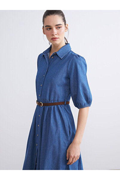LC Waikiki LCW Vision Indigo Gömlek Yaka Balon Kollu Kemerli Jean Elbise