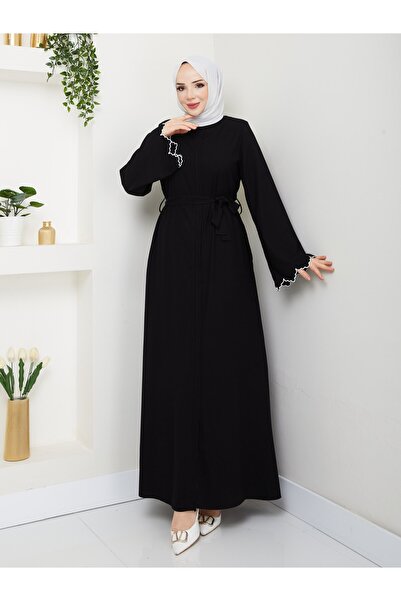 MUDUTEKSTİL Gizli Fermuarlı Biye Detaylı Ferace Siyah