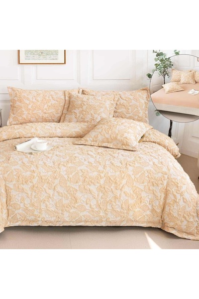 OEM Premium Embossed Bed Linen, 2 persons, 6 pieces, with elastic, cream, leaves, LFG118