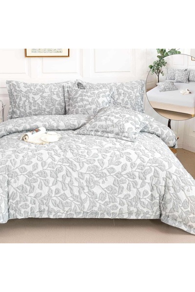 OEM Premium Embossed Bed Linen, 2 persons, 6 pieces, with elastic, gray, leaves, LFG115