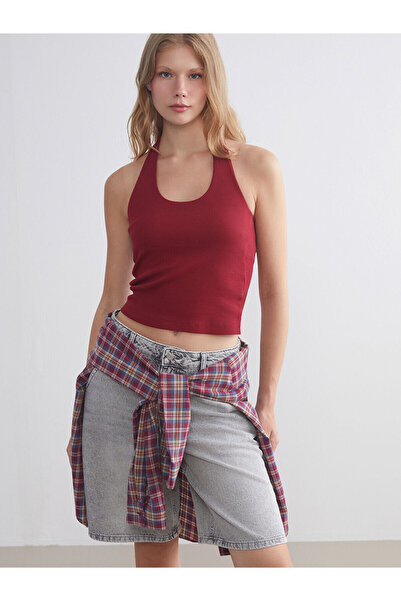 LC Waikiki Burgundy Halter Neck Ribbed Women's Tank Top