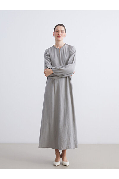 LC Waikiki Mg trend'en grey ruffle crew neck textured dress