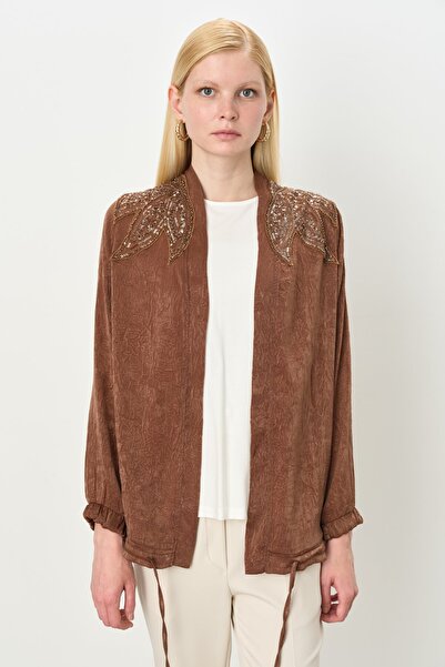 Nihan Rahat Kalıp Bluzlu Saten Ceket Kahve