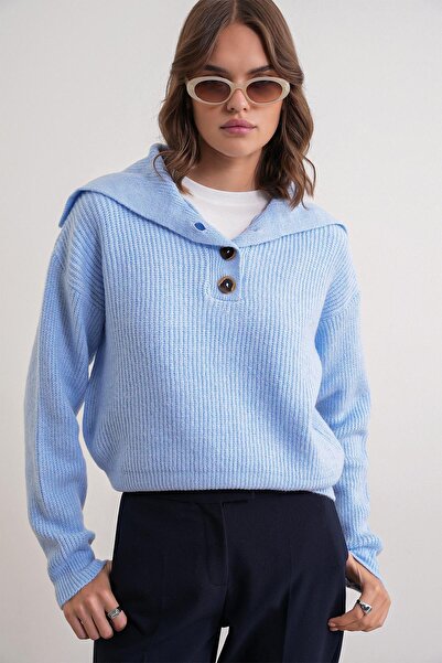Mixray 6900 Women's Buttoned Turn-Down Collar Knit Sweater Baby Blue