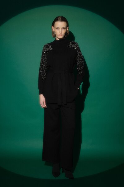 Nihan Kolları Leopar Payetli Fitilii Triko Pantolon Tunik Takım Siyah