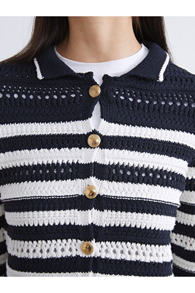 LC Waikiki Lacivert Polo Yaka Çizgili Ajurlu Kadın Triko Hırka