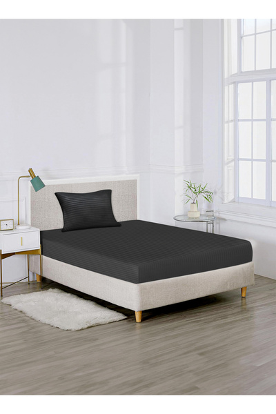 American Linen Single Striped Fitted Elastic Bedsheet with 1 Pillow Case 90 x 190 Cm Black