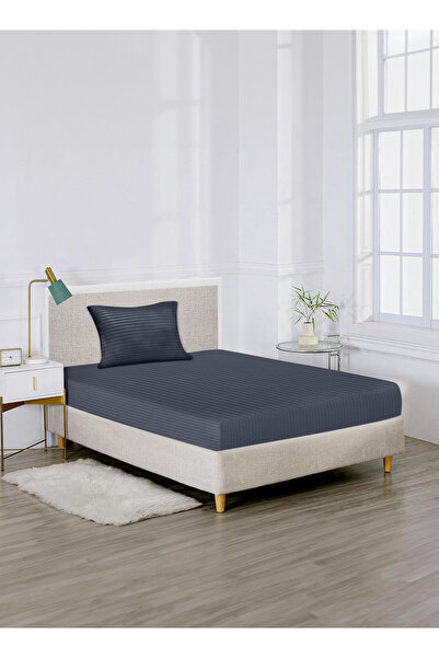American Linen Single Striped Fitted Elastic Bedsheet with 1 Pillow Case 90 x 190 Cm (Navy Blue)