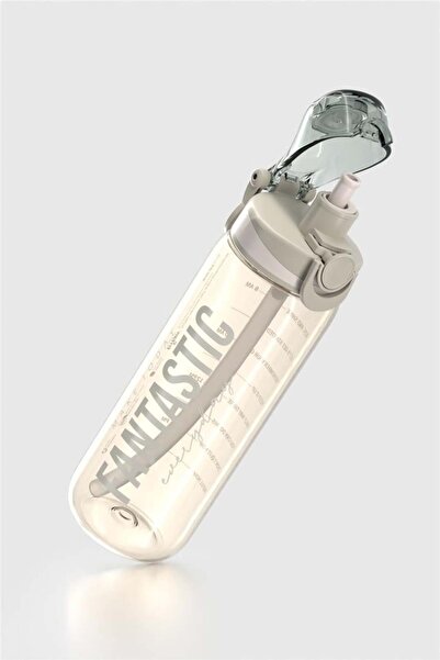 Renga Trego Sport Text Patterned 630 ml Tritan Water Bottle with Straw 912170 Beige