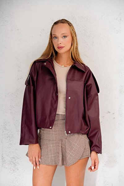 Jaglion Yeni Sezon Kadın Bomber Çizgili Deri Ceket