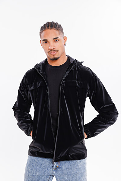 Firststops Ανδρικό μαύρο υφασμάτινο Nova με κουκούλα, κομψό εποχιακό αδιάβροχο που αντιστέκεται στο νερό και τον αέρα