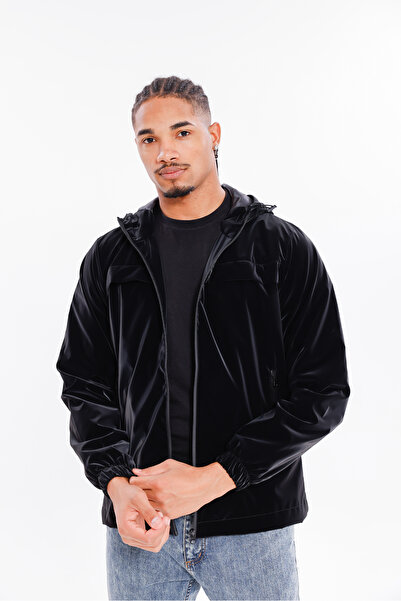 Firststops Men's Black Hooded Nova Fabric Stylish Seasonal Water and Windproof Raincoat