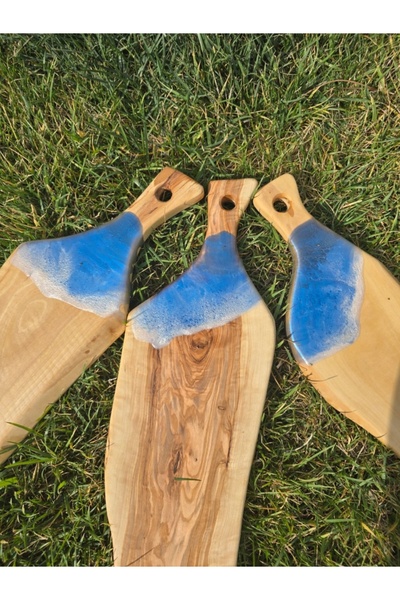 F&S WoodArt 45 X12 cm Natural Olive Wood Blue Sea Wave Epoxy Handle Cutting Cheese Presentation Board