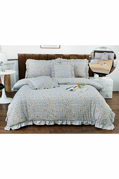 OEM Bed linen with ruffles, 2 persons, finet, 6 pieces, with elastic, gray, poppy, LELV120