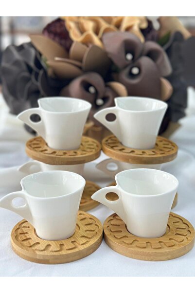 MD MİMOZA DEKOR Turkish Coffee Cup Belina Bamboo Porcelain 6 Person Set 12 Pieces