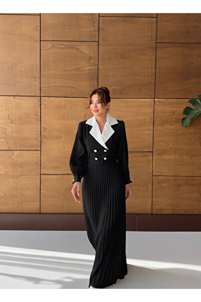 1Moda1Tarz Women's Imported Tweed Fabric Button Detailed Belted Lined Special Design Maxi Dress