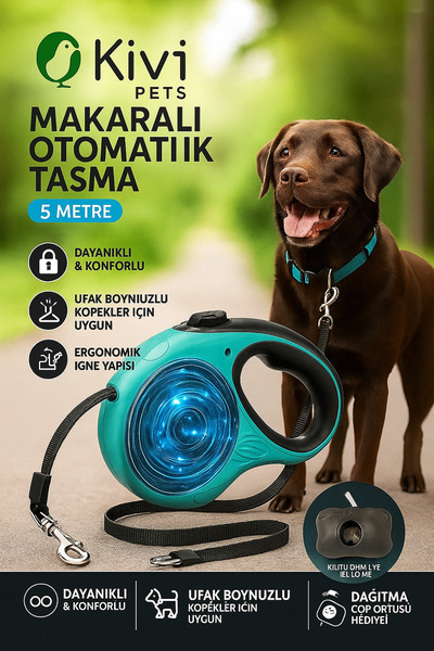 Kivi Pets Makaralı Otomatik Tasma – 5 Metre, Dayanıklı ve Konforlu
