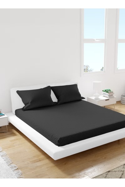 American Linen King Striped Fitted Elastic Bedsheet with 2 Pillow Case 200 x 200 Cm (Coffee Brown)