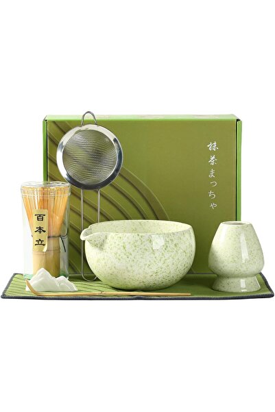 fulina 7-Piece Matcha Whisk Set, Artisan Wave Matcha Kit Set for Making Breakfast/Latte, Round Green, Large