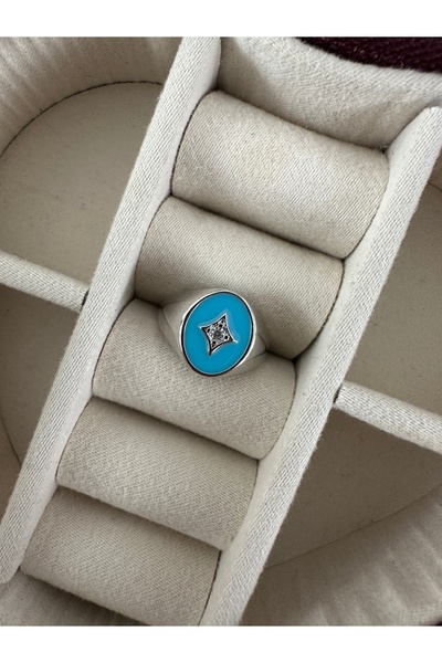 ringbox خاتم إصبع السناطير باللون الفضي المطلي بالمينا الأزرق المرصع بالأحجار