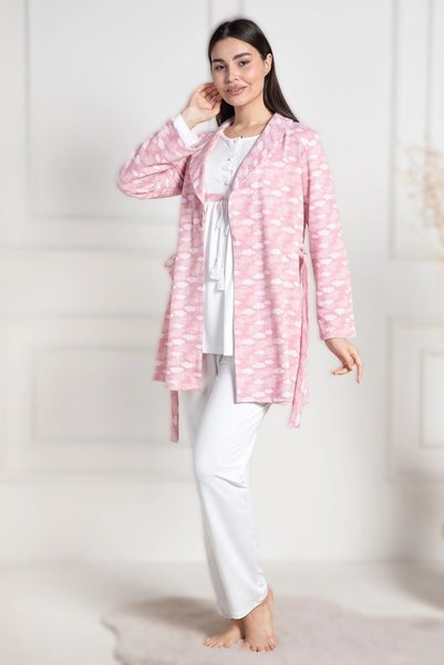 Lohusa Dünyasi Women's Powder Patterned Embroidered Maternity 3-Piece Pajama Set