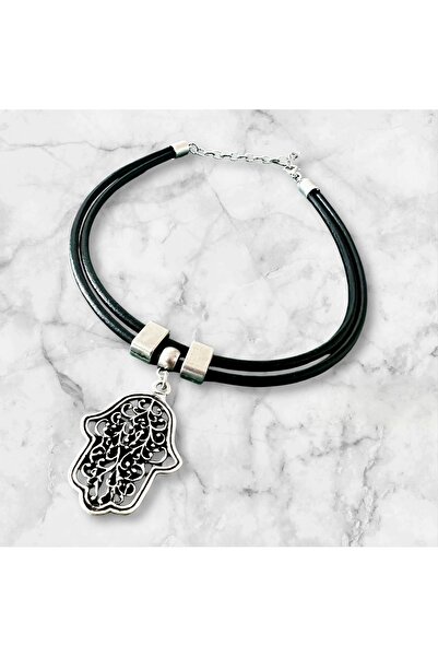 Kutcha Accessories Hakiki Deri Çift Sıra Kolye – Gümüş Kaplama Filigran Fatma Ana Eli