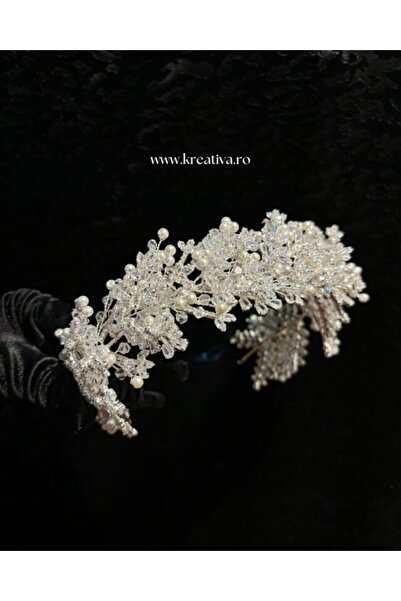 KREATIVA Diadema de mireasă cu zirconii, perle și cristale fațetate - 3547
