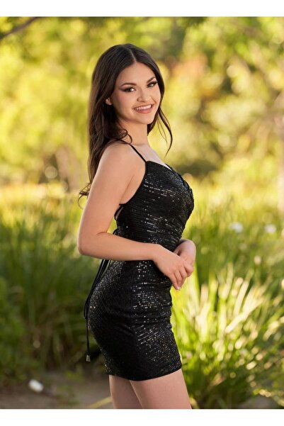 elissaa BOYUNDAN BAĞLAMALI PUL PAYET MİNİ ABİYE ELBİSE