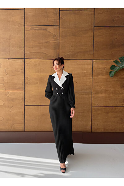 1Moda1Tarz Women's Imported Tweed Fabric Button Detailed Belted Lined Special Design Maxi Dress