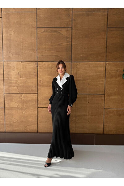 1Moda1Tarz Women's Imported Tweed Fabric Button Detailed Belted Lined Special Design Maxi Dress