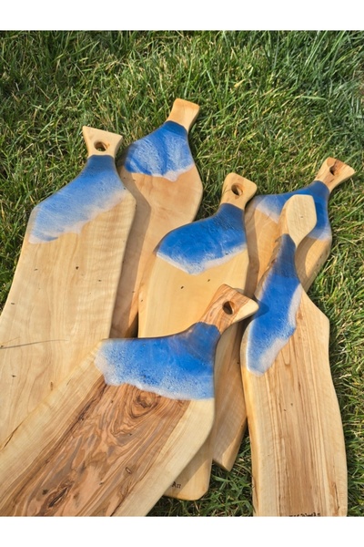 F&S WoodArt 38 X 11 cm Natural Olive Wood Blue Sea Wave Epoxy Handle Cutting Cheese Presentation Board