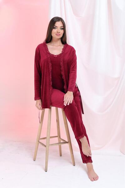 MEBA Women's 3-Piece Velvet Dressing Gown Pajama Set Dowry Set