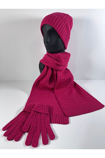 jasmina store şaç örgü desenli yumuşak tuşe atkı bere eldiven takımı