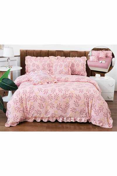 OEM Bed linen with ruffles, 2 people, finet, 6 pieces, with elastic, pink, leaf print, LELV107