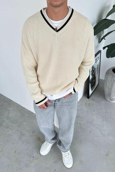 HAFKAGİYİM Крем палто с V-образно деколте, на райета, прекалено голямо, плетено