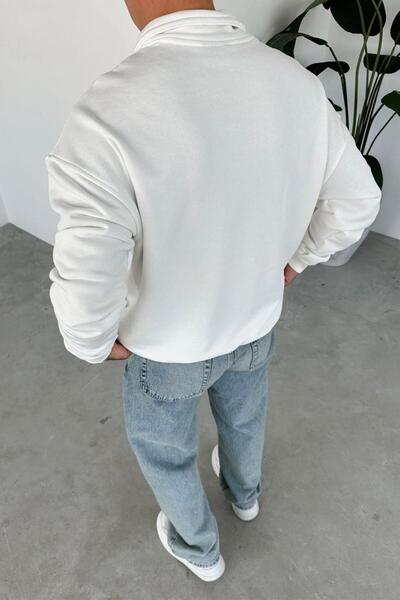 HAFKAGİYİM Λευκό φούτερ με μισό φερμουάρ με κέντημα OW