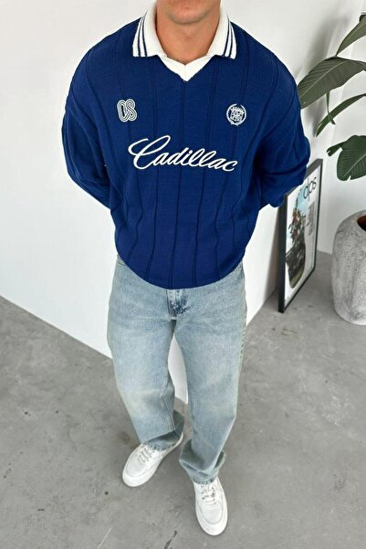 HAFKAGİYİM Синій светр з вишивкою та великим коміром-поло