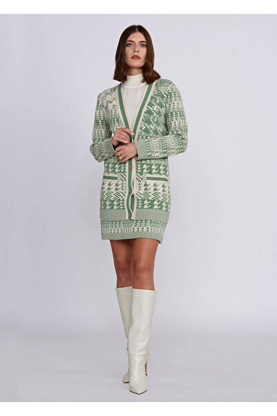 Knitss Geometric Houndstooth Patterned Green Cream Knitwear Cardigan