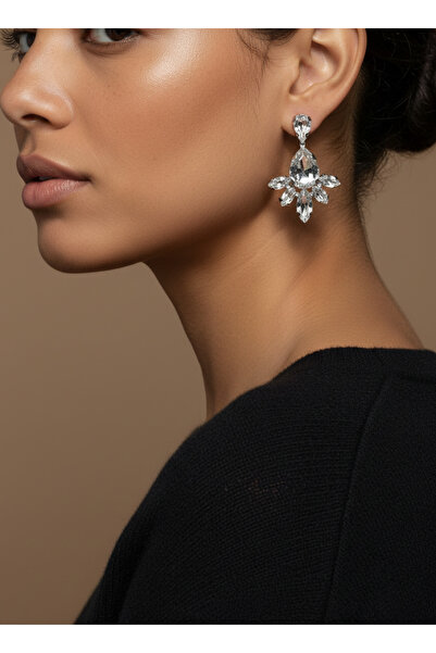 TURBİJ Kadın Damla Taşlı Yaprak Form Büyük Sallantılı Abiye Küpe