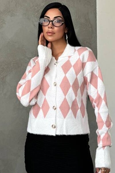 Ded COLLECTION Women's Colorful Diamond Patterned White Knit Cardigan with Gold Pearl Detail and Buttons