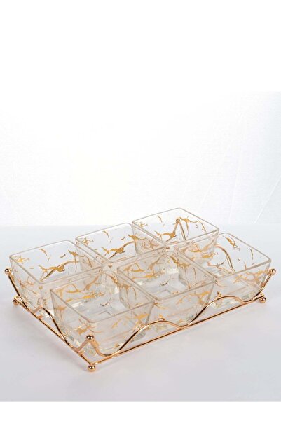 HOMEVEO 6-Piece Glass Serving Tray Set with Gold Stand