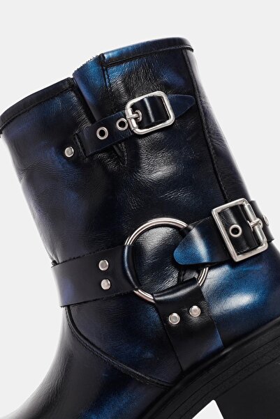 Bestyle Rock Kadın Mavi Metalik Toka Detaylı Deri Bot