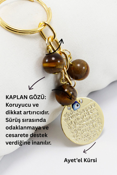 biuti Doğal Taşlı Metal Ayetel Kürsi Dualı Anahtarlık, Kaplan Gözü Boncuklu Ç...