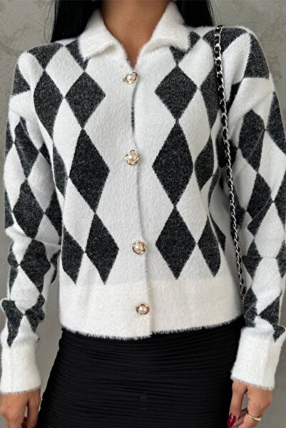 Ded COLLECTION Women's Colorful Diamond Patterned White Knit Cardigan with Gold Pearl Detail and Buttons
