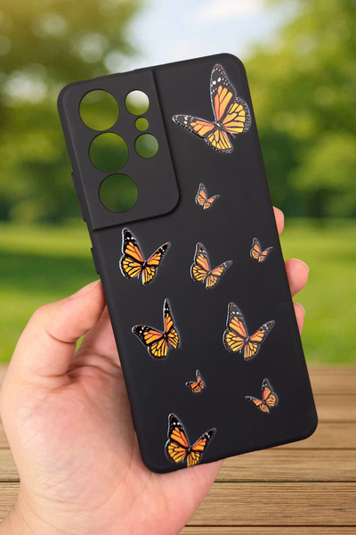 Vip Case Samsung Galaxy S21 Ultra-Turuncu Kelebek Desenli Silikon Darbe Emici...