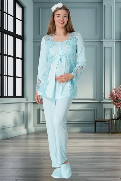 LOHOUSE Women's Turquoise Special Lace Detailed Design Long Maternity Dressing Gown Nightgown Pajama Set 4-Piece Set